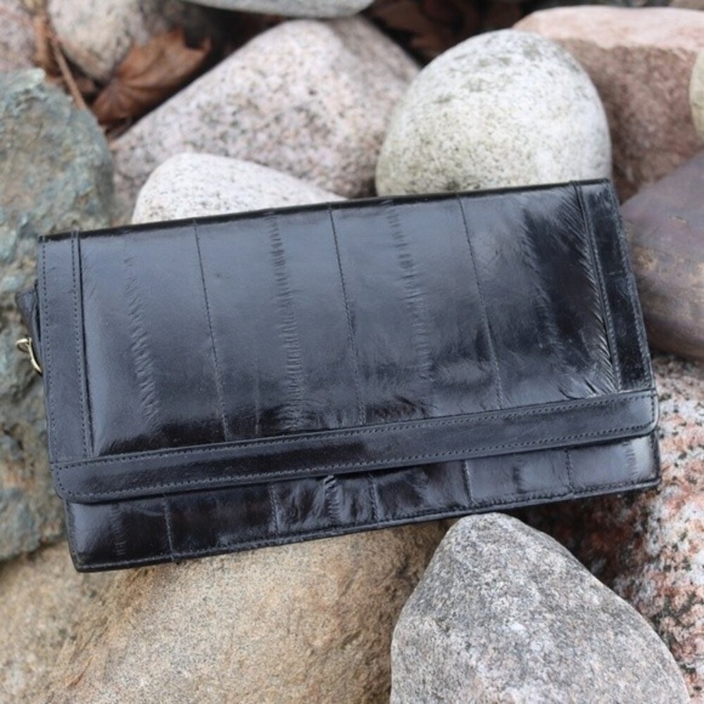 Vintage Eel Skin Black Leather Clutch Purse Handbag Beautiful Retro 1950s Bag
